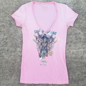True Religion vneck vintage wash pink graphic tee